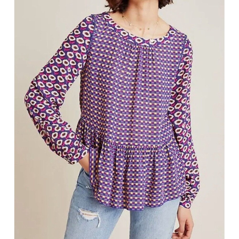 Anthropologie Maeve Womens Cheyenne Peplum Top Size XXS Purple Boho Hippie